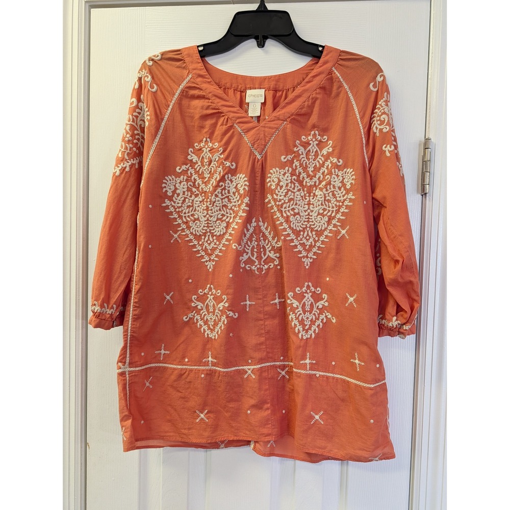 Chicos Coral Orange Embroidered Cotton Tunic Top V-Neck‎ 3/4 Sleeve Size 0 XS S